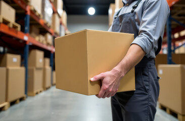 Male warehouse worker holding a box in his hands. Happy man in uniform working in a warehouse. Warehouse manager.
