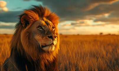 Majestic Lion Portrait: King of the Savannah under a Cloudy Blue Sky