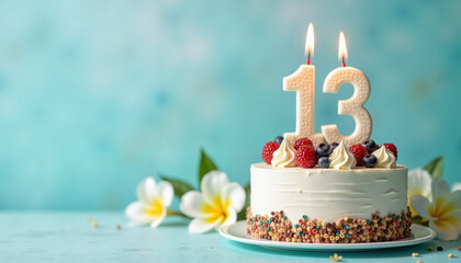 Birthday Cake with Number 13 Candles, Decorated with Berries and Flowers, on Blue Background with copy space