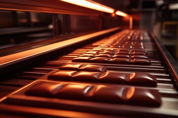 A conveyor belt full of chocolate bars moves through a factory.