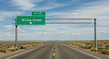 Driving on Highway Towards Willow Creek Exit Under a Blue Sky