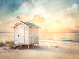 Pastel Beige Beach Hut Watercolor Double Exposure: Coastal Serenity Background