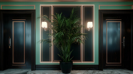 A fancy interior scene with decorative wall and doors