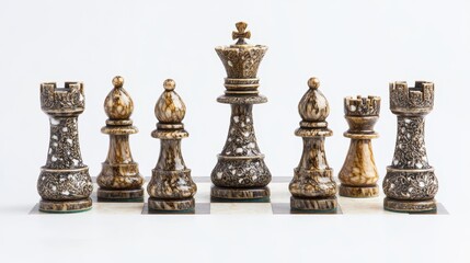 A close-up of a set of chess pieces with a chessboard on a white isolated background