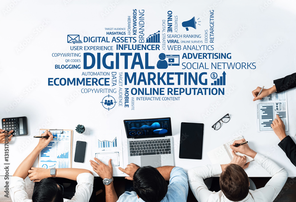 Leinwandbilder a dynamic workspace showcasing a team analyzing various digital marketing strategies. visual element