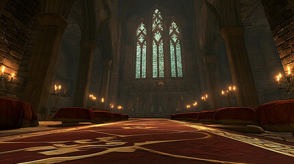 Obraz premium Gothic Cathedral Interior, Candlelit Rows, Stone Architecture, Grand Hall, Religious Ceremony Background, Use Game asset, historical setting