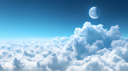 Above the clouds: a serene vista of fluffy white clouds against a backdrop of a clear blue sky. the ethereal beauty of nature, a sense of tranquility and peace. Ethereal - Moon. Illustration