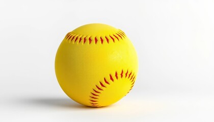 A vibrant yellow softball-shaped egg rests gently on a pristine white surface, its red stitching adding a playful contrast.