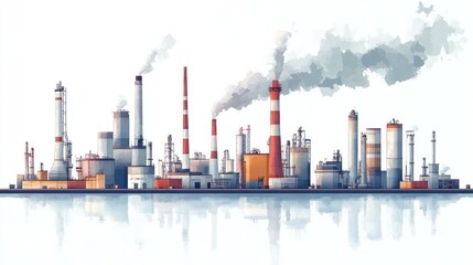Obraz premium Industrial complex with smokestacks reflecting on water.