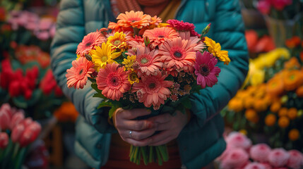 Fototapeta premium Person holding a vibrant bouquet of flowers.