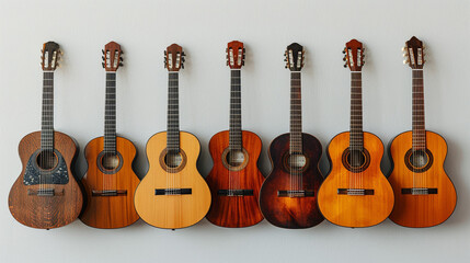 Fototapeta premium Row of acoustic guitars of various wood tones on a wall.