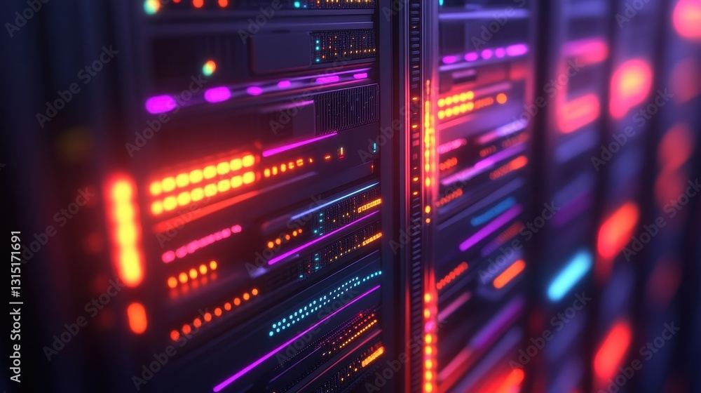 Poster data center operations server room digital infrastructure technology environment close-up view moder