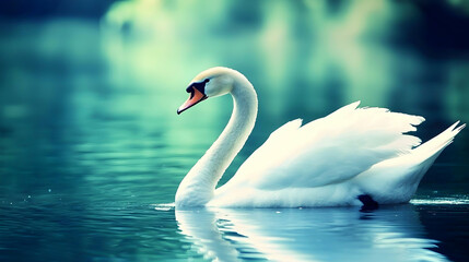 Obraz premium Graceful swan swimming serene lake, tranquil nature background, perfect for peaceful imagery