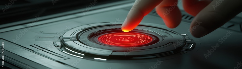 Poster closeup of finger hovering over red button on laptop keyboard, ready for action