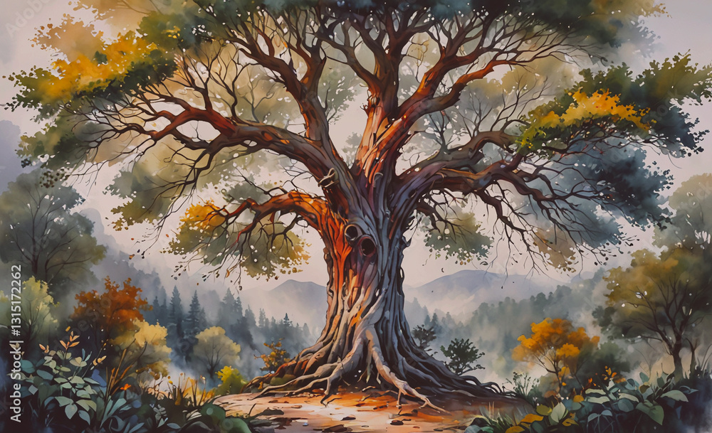 Poster Large tree with a hole in its trunk is the focal point of the painting. The tree is surrounded by a forest and he is in a peaceful, serene setting. The painting evokes a sense of calm and tranquility