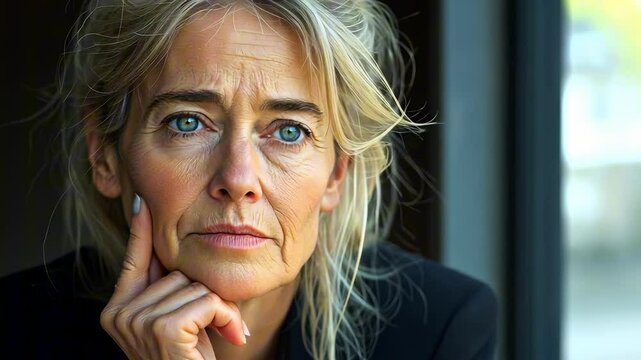 Closeup portrait of a thoughtful mature businesswoman with her hand on her chin looking into the distance