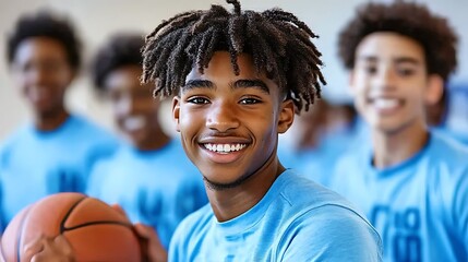 Smiling teen basketball player in gym