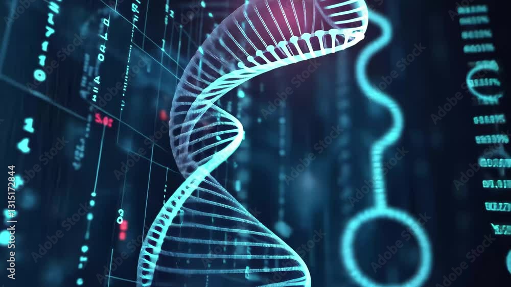Poster spinning dna strand visualized amidst data processing on a blue background, dna strand spinning and 