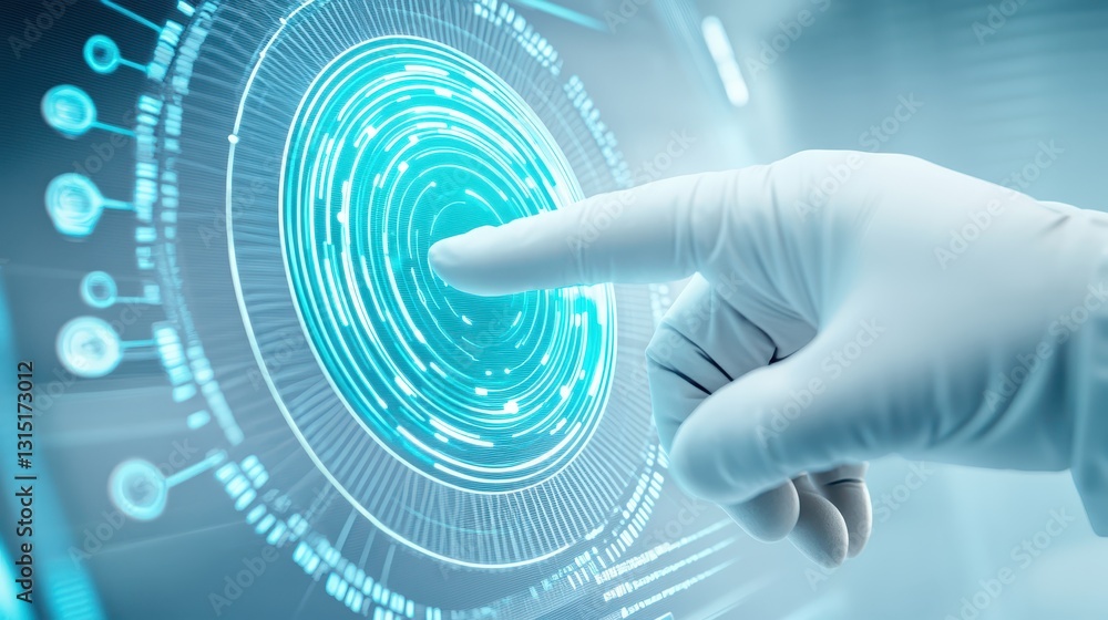 Poster hand navigating futuristic interface, exploring holographic elements on a digital screen