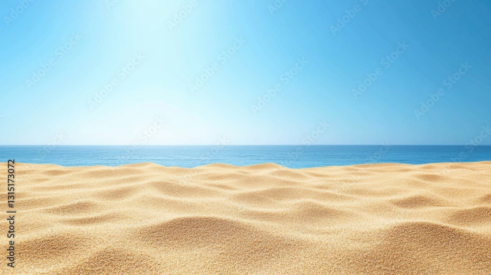 Poster spacious view of a serene beach with soft golden sand and a clear blue sky ideal for relaxation and 