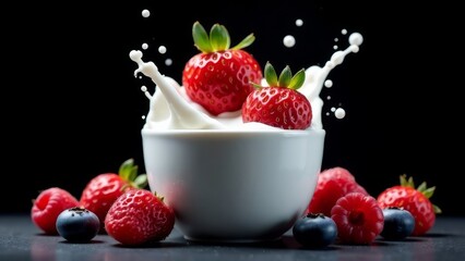 Strawberries, blueberries, raspberries falling into a glass (porcelain) cup of milk drink, a splash of milk drops. Black background. Healthy food concept for breakfast and snack