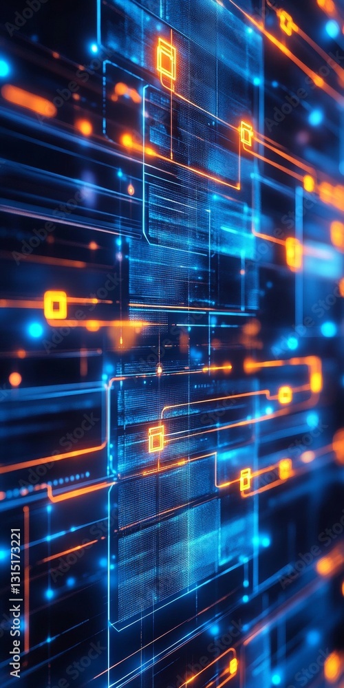 Poster dynamic abstract digital network with bright blue and orange lines representing data flow