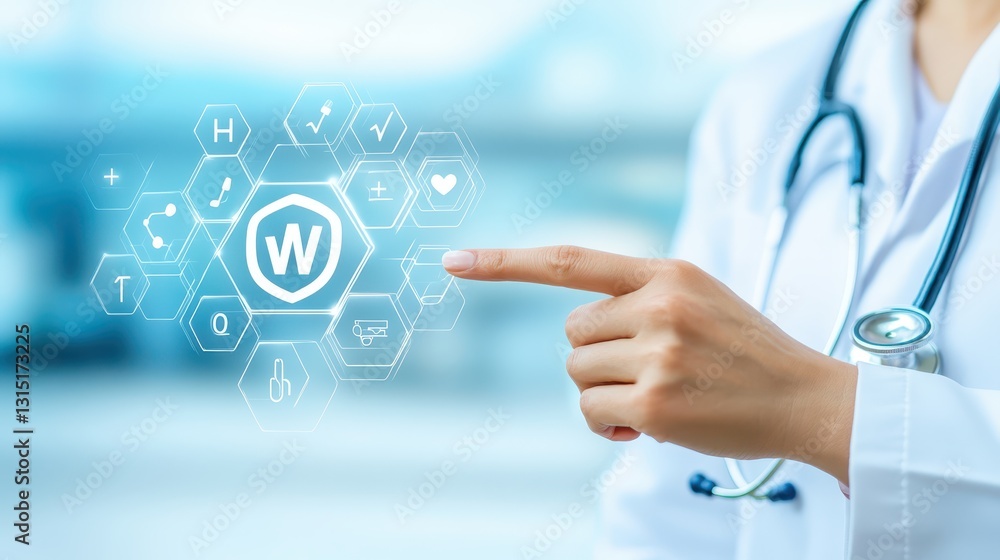 Poster doctor navigating a virtual interface, revolutionizing healthcare with interactive technology.
