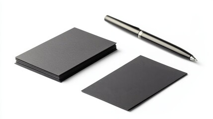 A set of business cards and a pen on a white isolated background