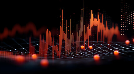 3D Visualization Of Data Analytics With Red And Orange Spikes On A Dark Grid Background With Glowing Red Spheres