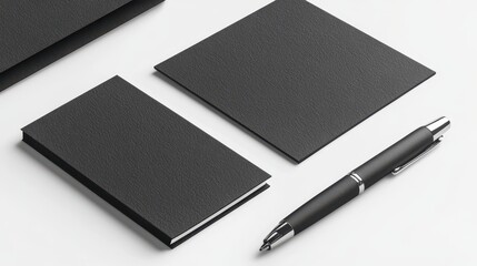 A set of business cards and a pen on a white isolated background