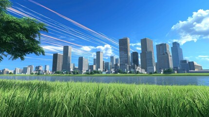 Fototapeta premium Lush Riverside Cityscape with Flight Paths