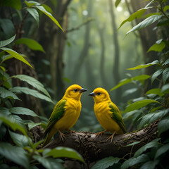 Naklejka premium Golden Bird Couple in Lush Rainforest