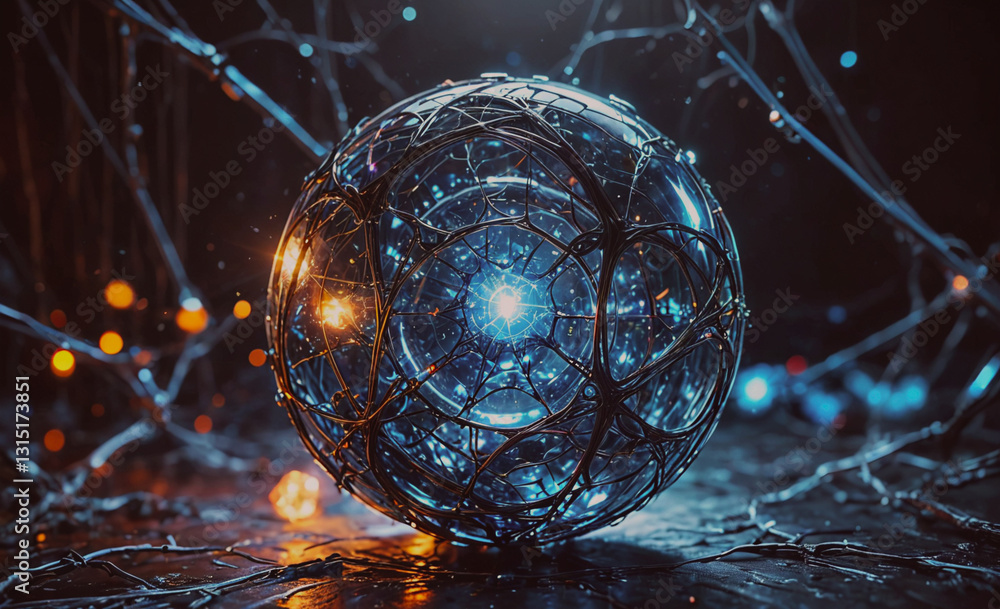 Poster glowing sphere with a blue center and orange rim. the sphere is surrounded by a web of wires and lig