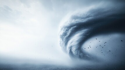 intense swirling motion of tornado spiral cloud against stark gray sky shown up close with undisturbed debris hovering