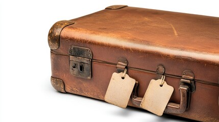 A close-up of a vintage suitcase with travel tags on a white isolated background