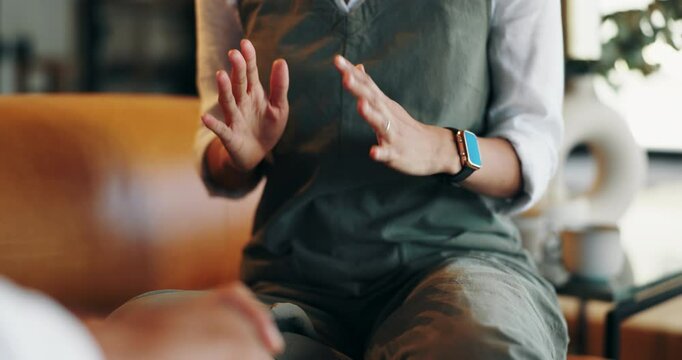 Argue, fight and hands of couple on sofa for conflict, frustrated and talking for problem. Relationship, marriage and people with upset, anger and blame for disagreement, discussion or crisis in home