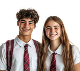 School portrait of smiling uniformed students isolated on transparent background, png