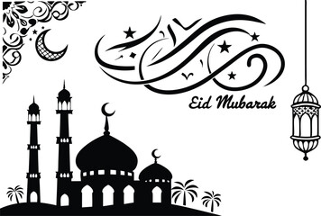 Eid Mubarak Silhouette Art Design with Mosque