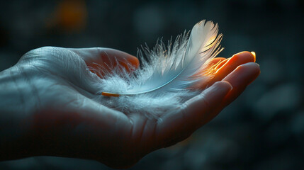 A soft, delicate white feather held gently in a hand, illuminated by warm light.