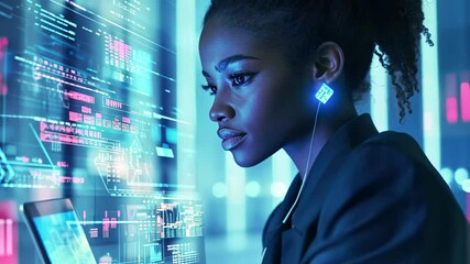 Data processing concept featuring African American businesswoman engaged in technology work, data processing over african american businesswoman using laptop - Powered by Adobe