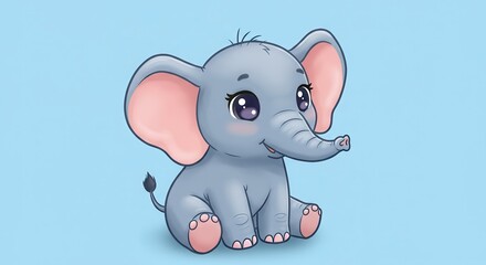 Fototapeta premium Cute Cartoon Elephant Sitting Down Isolated on Light Blue Background