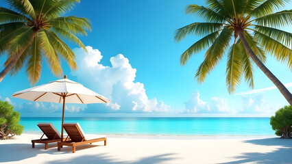 Obraz premium Stunning tropical beach with wooden lounge chairs under a white umbrella, perfect for travel and relaxation scenes