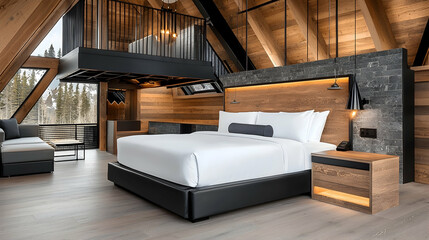 Luxurious A-frame cabin bedroom with mountain view, cozy interior, and loft. Ideal for travel brochures