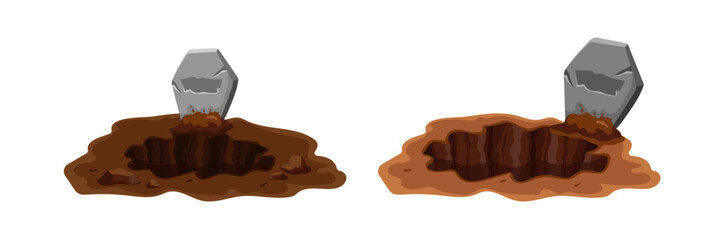 Two open graves side by side show broken tombstones with soil scattered on a white background.