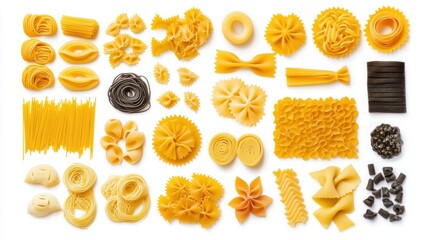 A collection of different types of pasta on a white isolated background