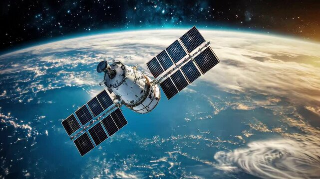 Satellite orbiting earth amidst the expansive and cluttered field of space debris at dusk, satellite orbiting the earth among the space debris