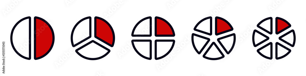 Poster five circular diagrams displaying diverse data parts in red and white with unique geometric designs.