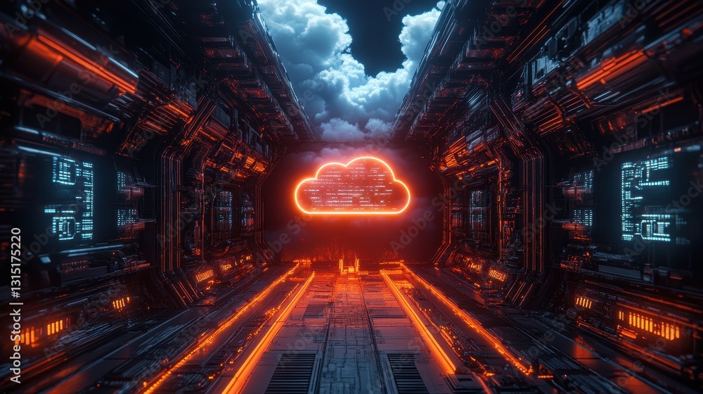 Poster futuristic cloud data storage system virtual environment digital art sci-fi style tech concept