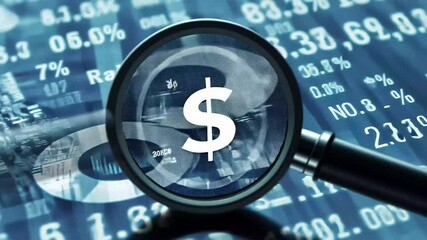 Data processing visualization with monetary symbols and digital patterns under magnifying glass, data processing and diagrams over scope scanning with 5g text