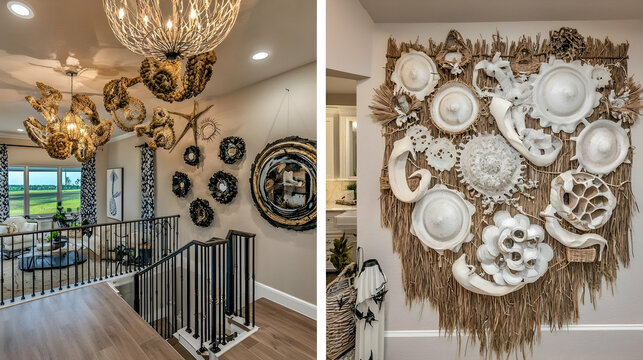 Coastal-themed home interior design showcasing a unique seashell wall art and a statement chandelier
